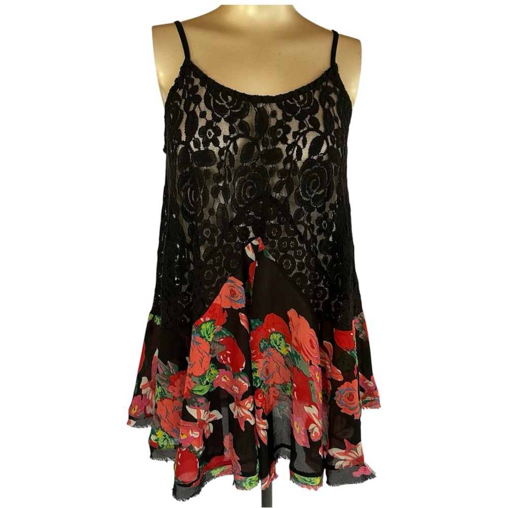 Umgee Black Lace Red Rose Boho Tunic Top Fringe Hem Small